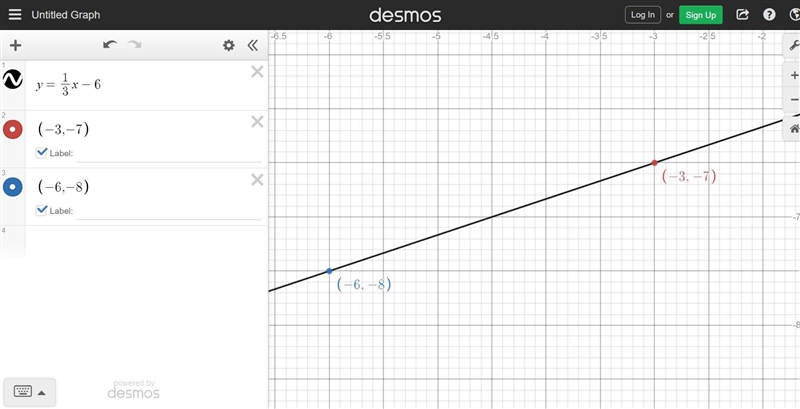 A line passes through the points (-6, -8) and (-3,-7). What is the equation of the-example-1