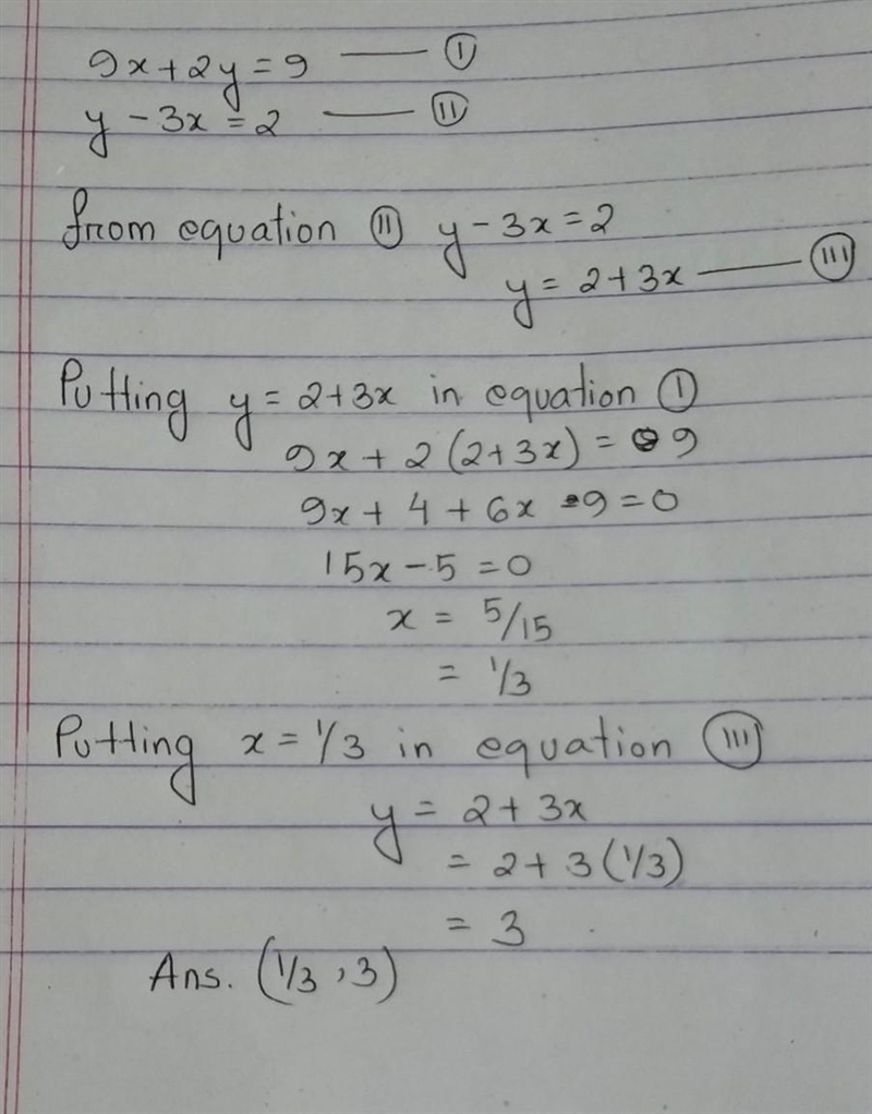 How many solutions 9x +2y =9 / -3x + y=2 Answer choices- 1 solution No solution Infinite-example-1