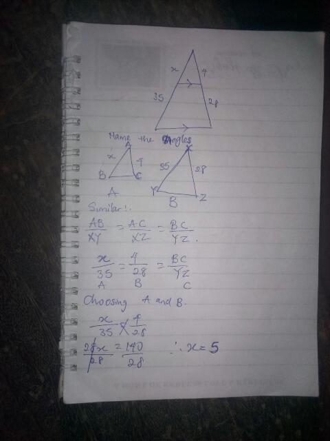 Use the side-splitter theorem to solve for x in the triangle below. 4 X 35 28-example-1