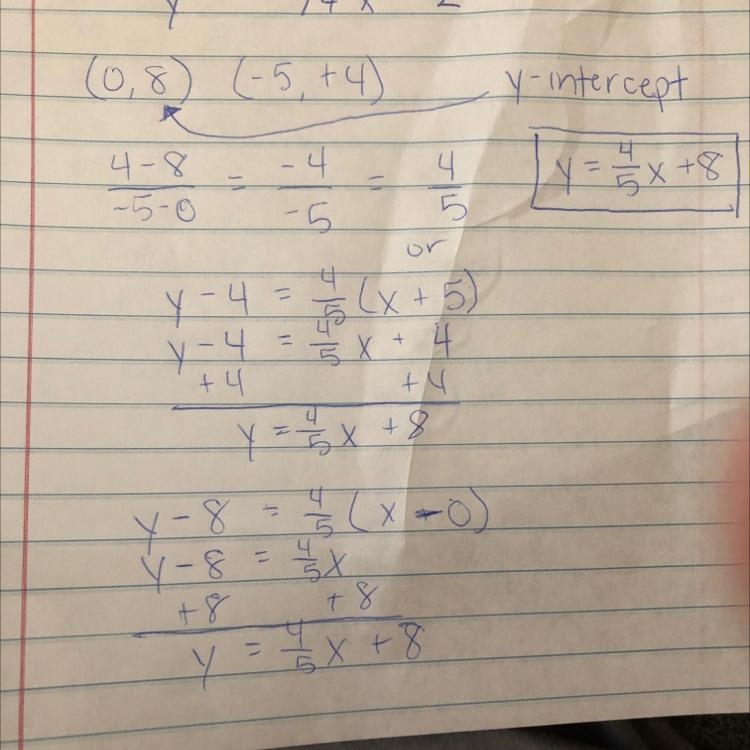 What is an equation of the line that passes through the points (0, 8) and (-5, 4)?-example-1