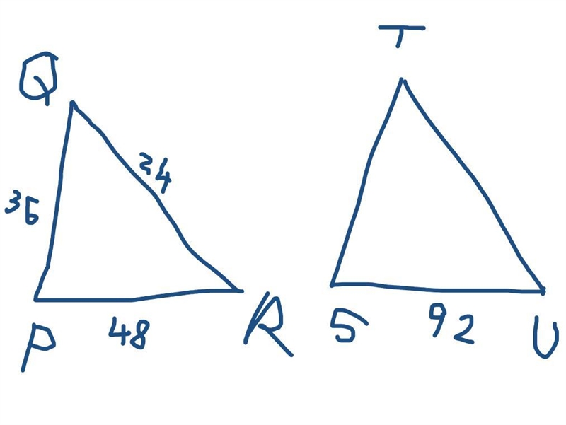 Triangles PQR and STU are similar. The length of PQ = 36 cm, RP = 48 cm and QR = 24 cm-example-1