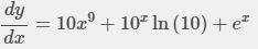 Find dy/dx in the following 1) y=x^[10] +10^[x] +e^[x] 2) y=㏒ x +e^[x]+√x - 1/x-example-1