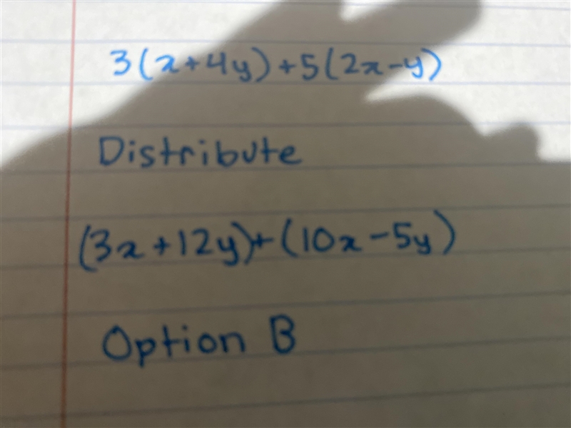 The following steps are used to rewrite the polynomial expression, 3(x + 4y) + 5(2x-example-1