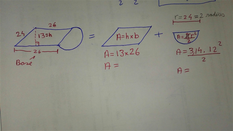 Find the Area of the figure below, composed of a parallelogram and one semicircle-example-1