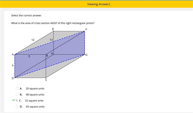 What is the area of cross-section ADGF of this right rectangular prism? A. 20 square-example-1