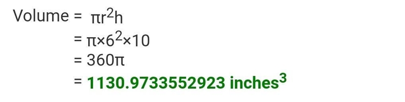 6 in Find the volume of this Cylinder 10 in. cubic inches Volume of Cylinder = 772 x-example-1