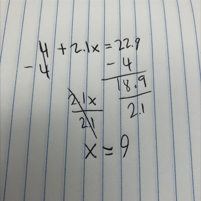 Solve for x 4 + 2.1x = 22.9-example-1