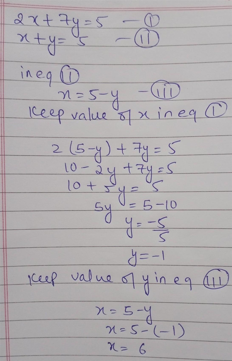 Solve the simultaneous equations by substitution 2x+7y=5 x+y=5-example-1