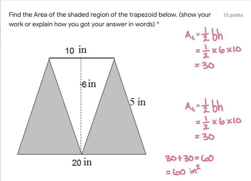 Find the Area of the shaded region of the trapezoid below. (show your work or explain-example-1