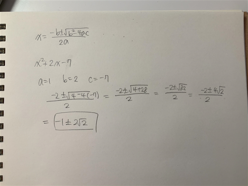 Use the quadratic formula to find the roots of x 2 + 2x − 7-example-1