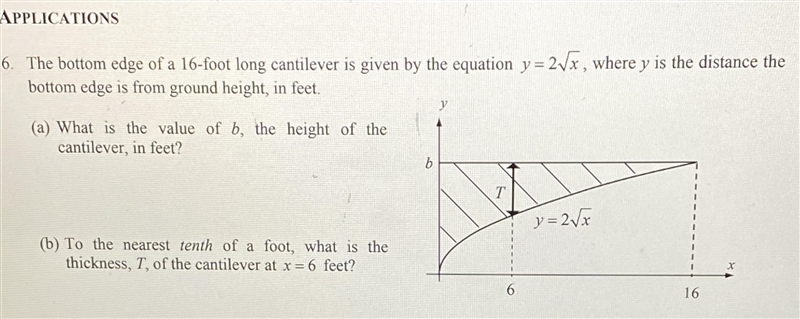 The bottom edge of a 16-foot long cantilever is given by the equation y = 2Vx, where-example-1