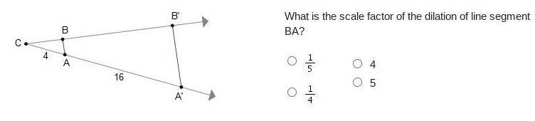 Point C is the center of dilation. Line segment B A is dilated to create line segment-example-1