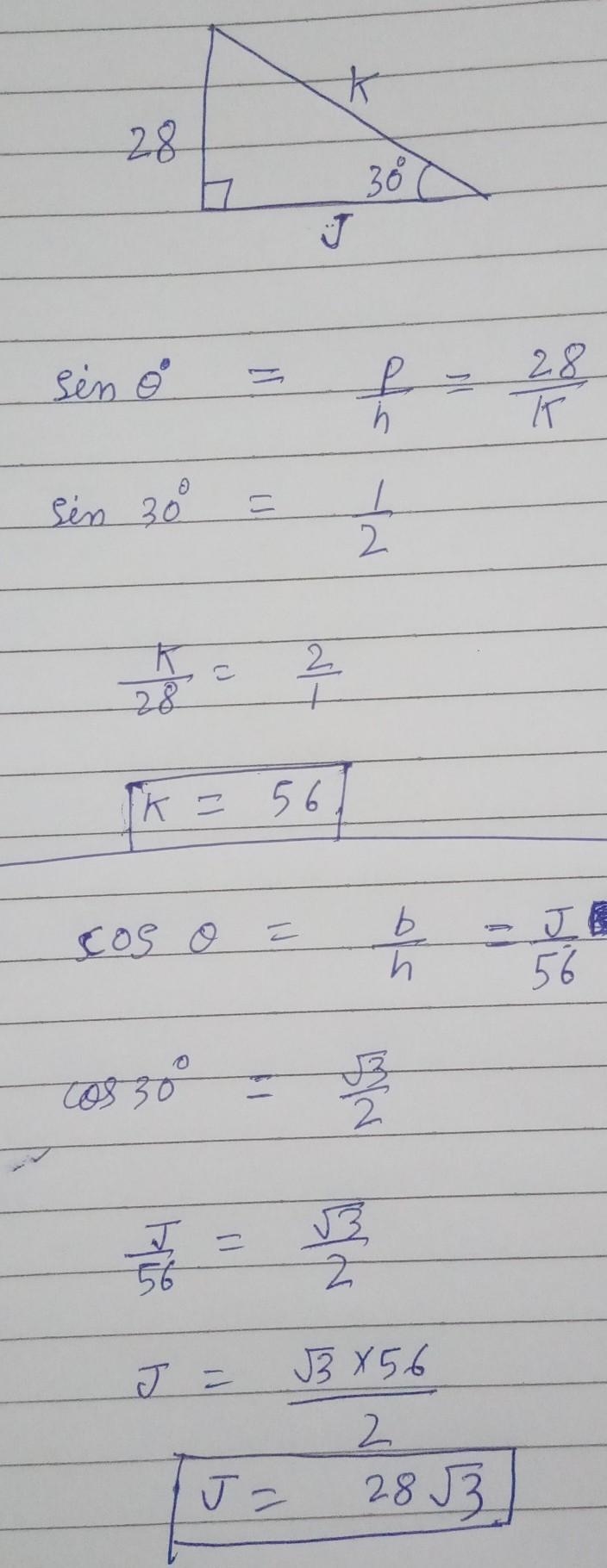 3) Using the picture, find the measure of side J. A) 28√3 B)28 C)56 4) Using the same-example-1