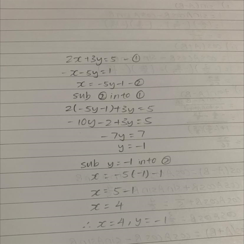 What is the solution to the following system of equations? 2x + 3y = 5 -X - 5y = 1-example-1