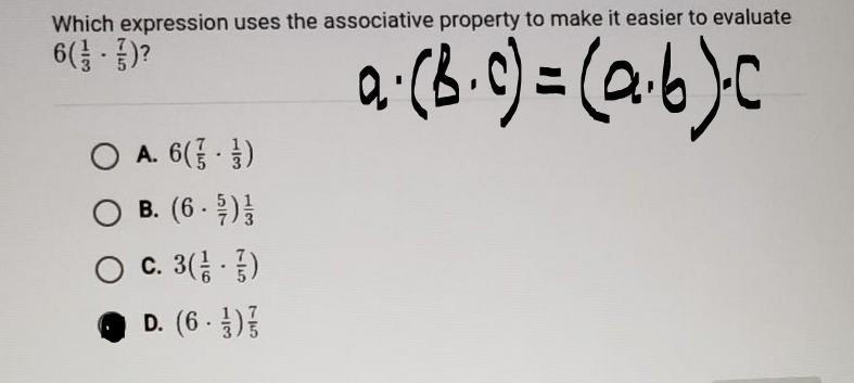 Question 4 of 5 Which expression uses the associative property to make it easier to-example-1