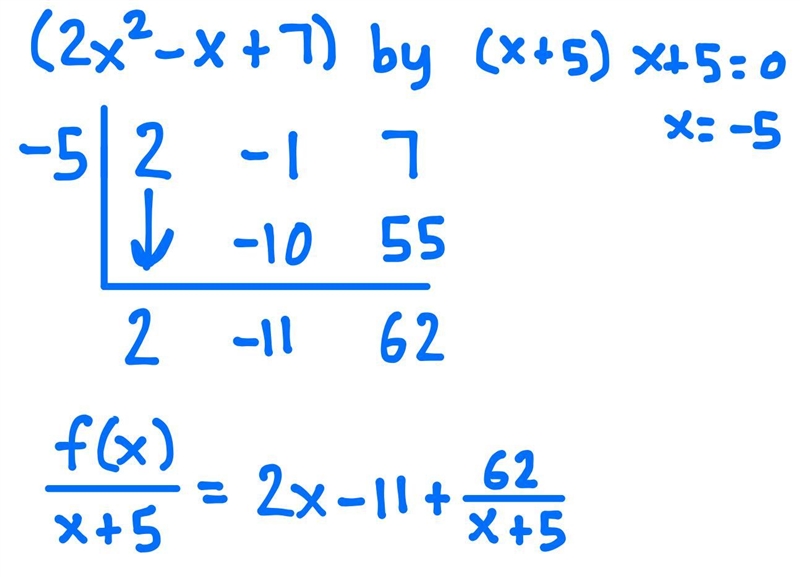 Divide using synthetic division. (2x^2 - x + 7) / (x + 5) =​-example-1