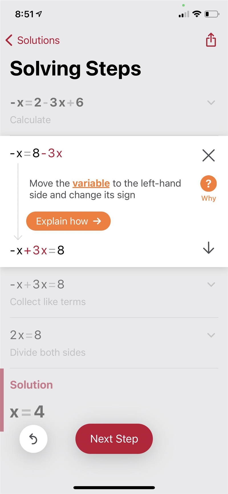 What is the value of x in the equation -x =2 - 3x +6? 1) 8 2) 4 3) -4 4) -8-example-1