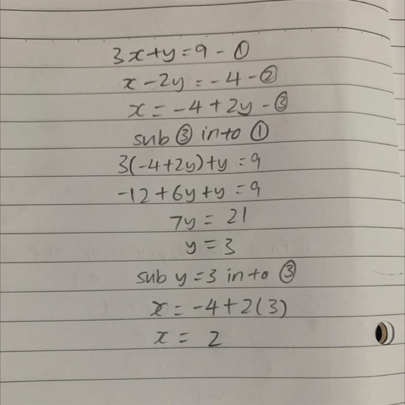 X-2y=-4 3x+y=9 solve the simultaneous equation (find x & y)-example-1