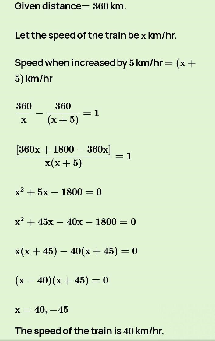 A train travels 360 km at a uniform speed, if speed has been increased it will take-example-1