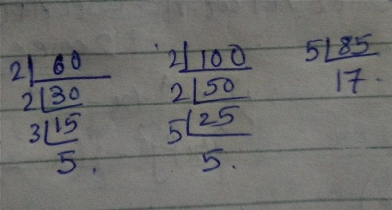 Find the prime factorization of 60 100 85 Note only the one with the steps will be-example-1