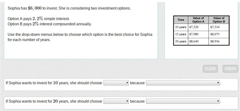 Sophia has $6,000 to invest. She is considering two investment options. Option A pays-example-1