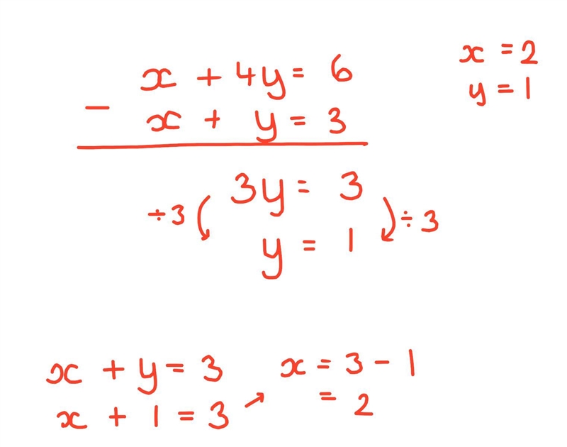 Solve the system of equations by the substitution method. x+4y=6 y=3−x-example-1