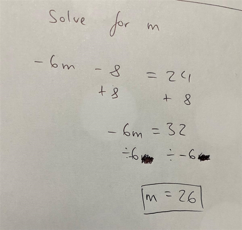 Solve for m -6m - 8 = 24-example-1