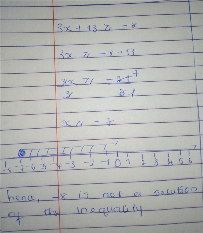 1. Which is NOT a solution to the inequality below? 3x + 13 ≥ -8 -8 -7 -6 -5-example-1