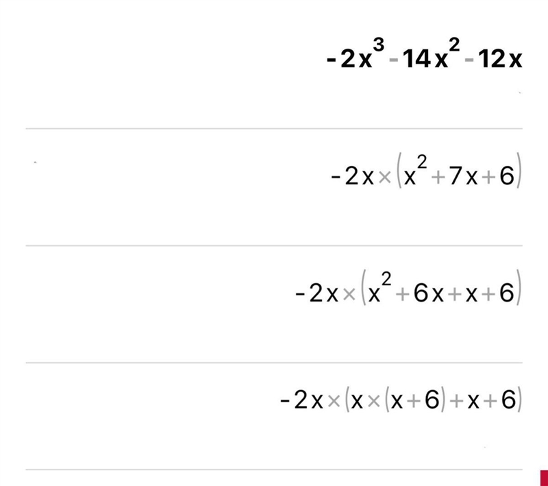 Which of the following represents the factorization of the trinomial below? -2x^3 - 14x-example-1