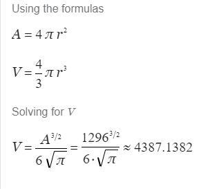 Find the volume of a sphere with a surface area of 1296 in.-example-1