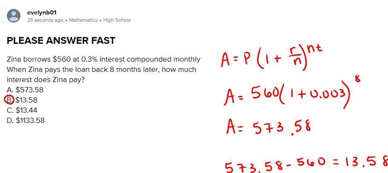 PLEASE ANSWER FAST Zina borrows $560 at 0.3% interest compounded monthly When Zina-example-1