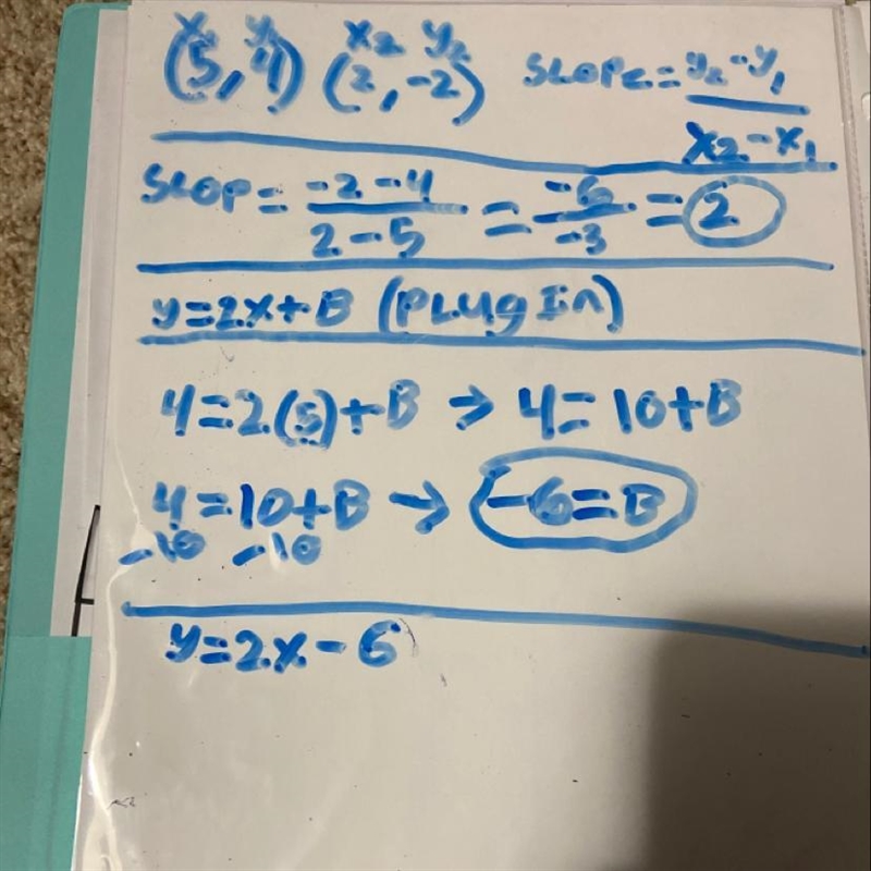 What is an equation of the line that passes through the points (5, 4) and (2, -2)?-example-1