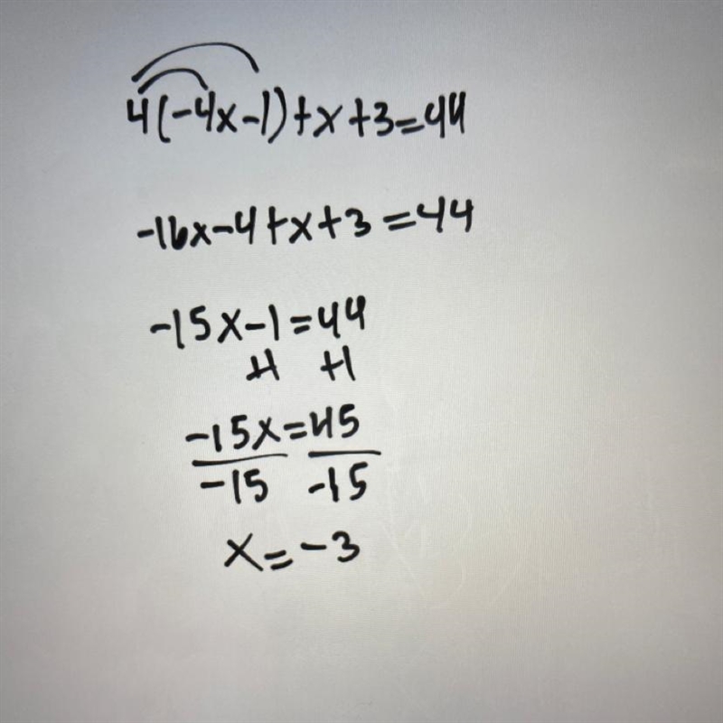 4(-4x-1)+x+3=44 what’s the value of x-example-1