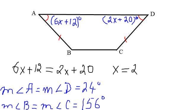 ABCD is an isosceles trapezoid. m < A = 6x + 12 and m < D = 2x + 20. angles-example-1