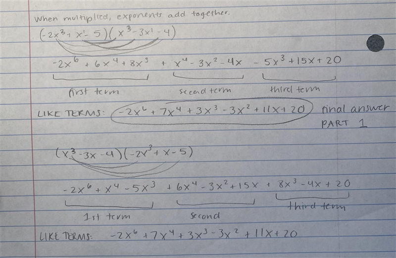 What is the product of -2x^3 +x -5 and x^3 -3x-4? a) Show your work b) is the product-example-1