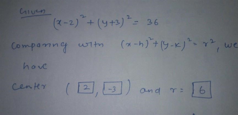 Find the center and radius of this circle. (x - 2)2+(y + 3)2 = 36-example-1