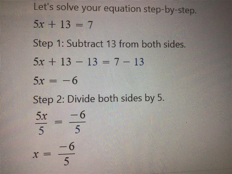 5x + 13 = 7 Solve for x-example-1