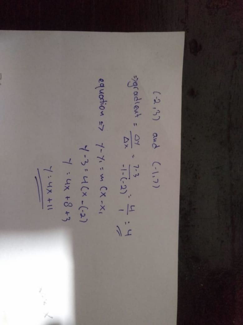 Find the equation of the line that passes through the points (-2, 3) and (-1, 7)-example-1