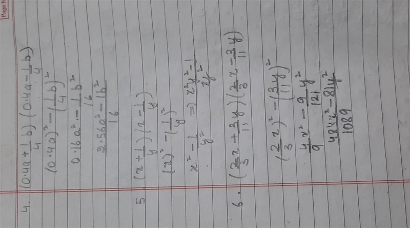 Evaluate the following using identity ( part 2 ) 4. (0.4a + 1/4 b) (0.4a - 1/4b) 5. (x-example-1