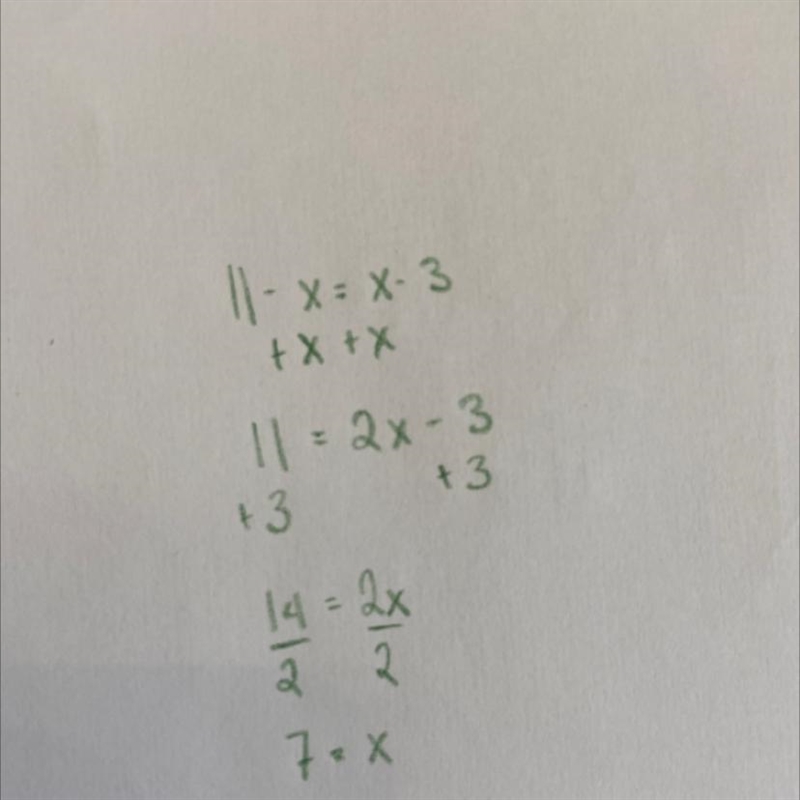 Solve: 11-x=x-3 pls help quicky​-example-1