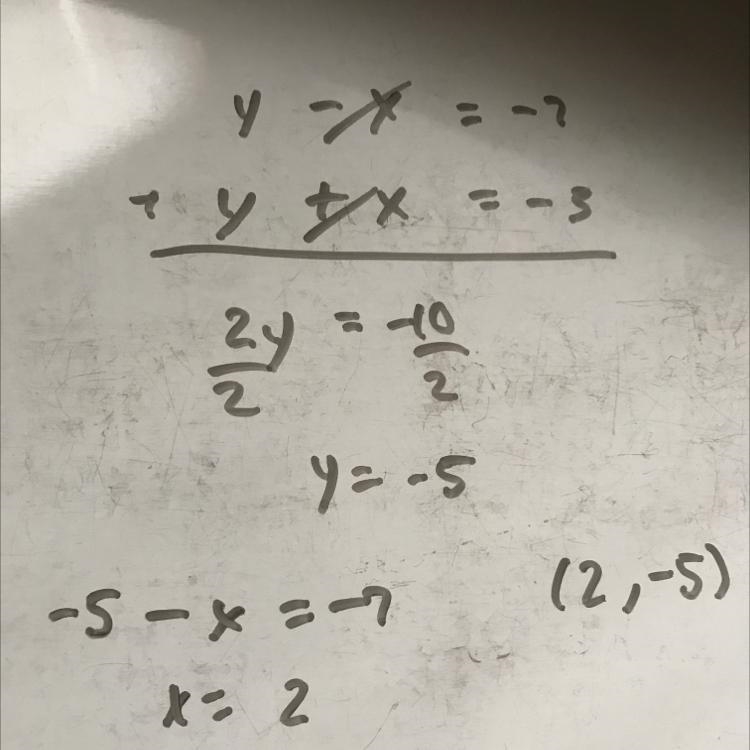 Elimination Method y - x = - 7 y + x = - 3 can yall help me and doing step by step-example-1