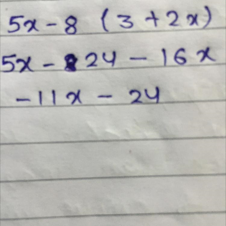 Simplify the expression 5x-8(3+2x)-example-1