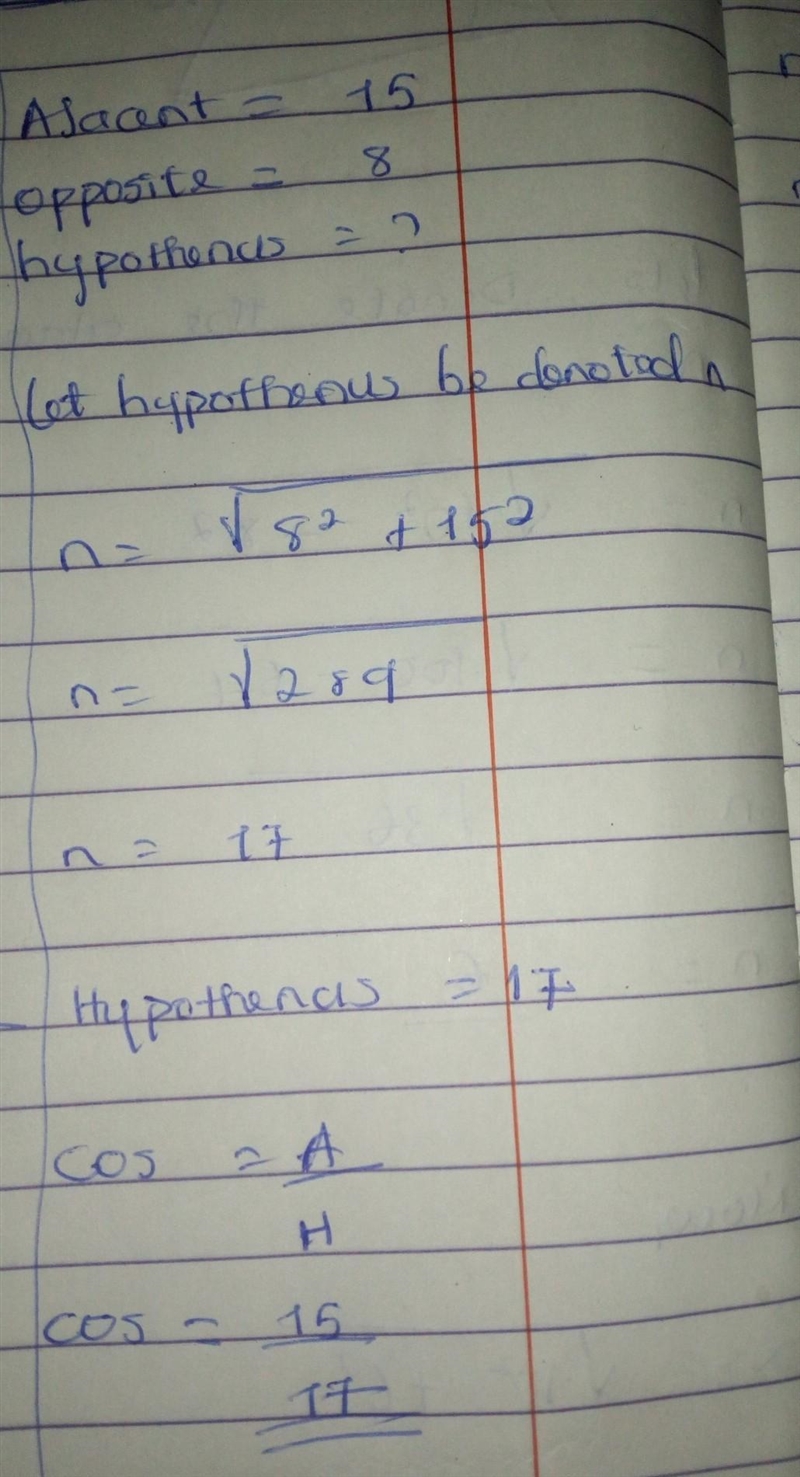 Your adjacent is 15, your opposite is 8, and your missing the hypotenuse of the 90 degree-example-1