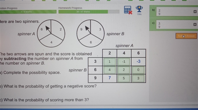 Here are two spinners. 6 2 spinner A spinner B bome 4 3 2. 4 The two arrows are spun-example-1