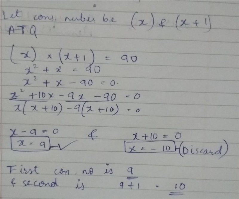 The product of two consecutive numbers is ninety. what are the numbers-example-1