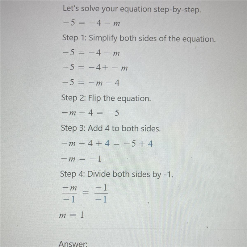 -5 = 4 - m Please help me out with this, I have a 66 in math and need help for a quiz-example-1