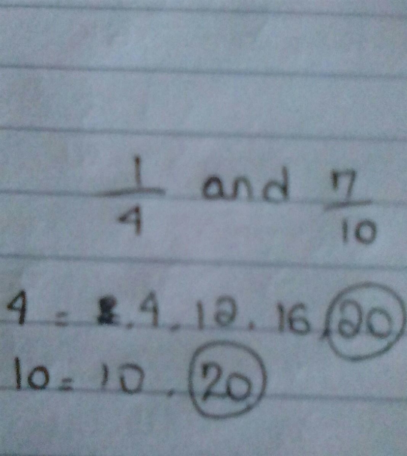 Select all the common denominators for 1 4 and 7 10 . A. 10 B. 20 C. 24 D. 32 E. 40-example-1