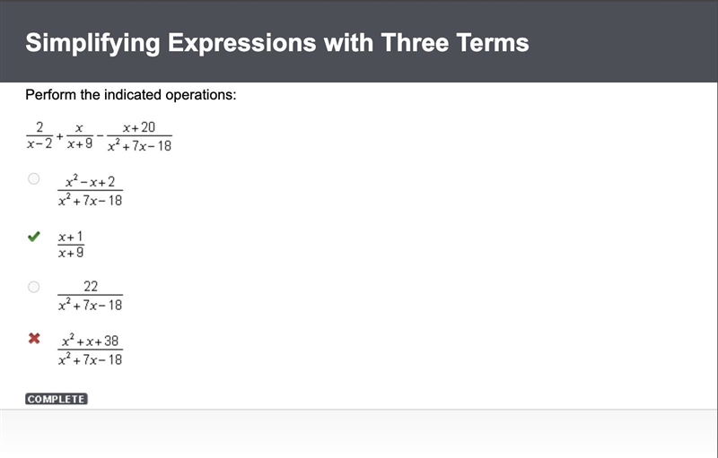 Perform the indicated operations: 2/x-2+x/x+9-x+20/x2+7x-18-example-1