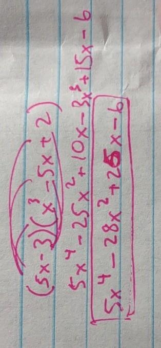 15. Find the product of (5x – 3) and (x3 – 5x + 2). a) 5x4 – 3x3 + 25x2 – 5x – 6 b-example-1