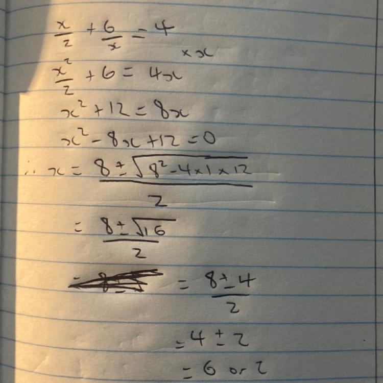 (x)/(2) + (6)/(x ) = 4 using quadratic equation....help me if you can​-example-1